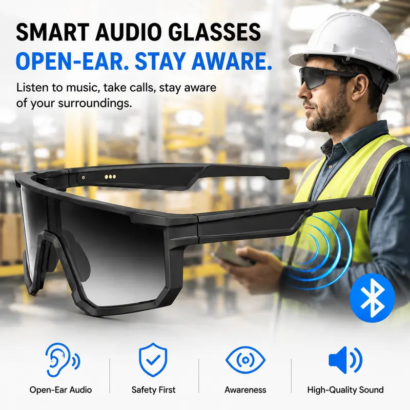 VUB Wearable AI Smart Glasses - Open-Ear Bluetooth Audio, Auto-Darkening Photochromic Lenses, Hands-Free Calling, AI Translation, UV400 Safety, Lightweight, Voice Assistants, for Cycling & Warehouse Work