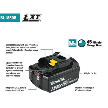 Makita BL1850B 18V LXT Lithium-Ion 5.0Ah Slide-Style Batteries - 2-Pack High Capacity Power Tool Accessories, Fast Charging, Rapid Optimum Charger Compatible, Self-Discharge Resistant, Smart-Charging System