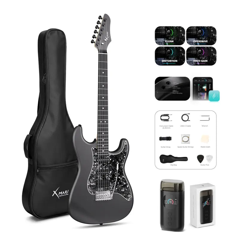 Xmari Smart Electric Guitar Kit - Carbon Fiber Body, Alnico Pickups with Coil Split, 4 DSP Effects, No Built-In Amp, USB-C OTG Recording, Headphone Jack, App Control, Super Strat Design for Creating, Gig Bag, Strap, Cable & Picks #Backtoschool
