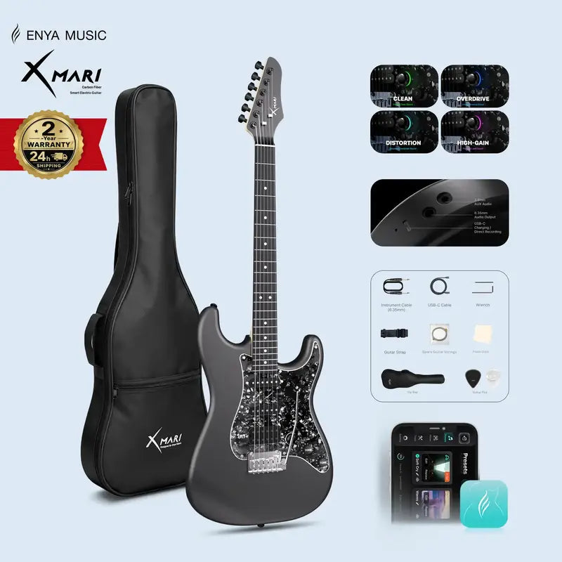 Xmari Smart Electric Guitar Kit - Carbon Fiber Body, Alnico Pickups with Coil Split, 4 DSP Effects, No Built-In Amp, USB-C OTG Recording, Headphone Jack, App Control, Super Strat Design for Creating, Gig Bag, Strap, Cable & Picks #Backtoschool