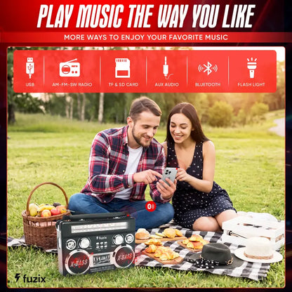 Fuzix Retrobox AM/FM/SW 3-Band Portable Audio Radio Speaker Player Receiver with Wireless Bluetooth Boombox, Built-In Flashlight, SD, Microsd, AUX Input, Rechargeable Battery, Vintage, Usb, Card, Device