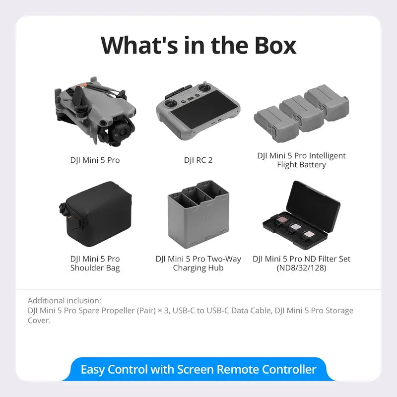 [Pre-Owned Options] DJI Mini 5 Pro Fly More Combo with DJI RC 2, Drone with Camera, 1-Inch CMOS, 4K Drone for Beginners with Omnidirectional Obstacle Sensing, Activetrack 360°, 225° Gimbal Rotation, 3 Batteries, Accessories, Foldable, Device