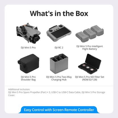 [Pre-Owned Options] DJI Mini 5 Pro Fly More Combo with DJI RC 2, Drone with Camera, 1-Inch CMOS, 4K Drone for Beginners with Omnidirectional Obstacle Sensing, Activetrack 360°, 225° Gimbal Rotation, 3 Batteries, Accessories, Foldable, Device