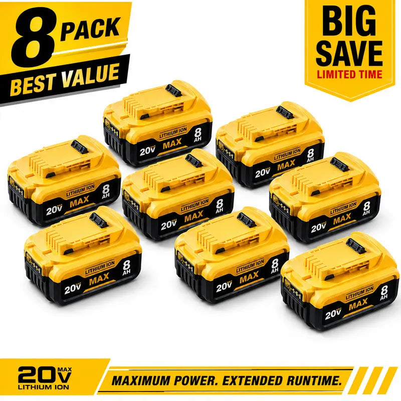 20V MAX 8.0Ah Lithium-Ion Replacement Batteries for Dewalt 20V Cordless Tools (4-Pack/8-Pack) - Upgraded 8000Mah Unit, 3-LED Gauge, Impact-Resistant, Slip-Free Lock, Compatible with DCB206,205,204,200 Series High Draw Tools