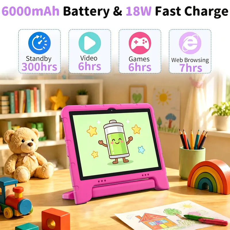 JUNINKE Kids Tablets - 10.1-In Android 15 Wireless Tablets with Protective Case, Dual Camera, 2.4G Wifi, Parental Ctrl, Built-In Li-Ion Battery, Toddlers Educational Electronic Gift Device, Wifi Touchscreen Tablet