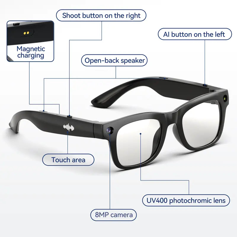 HUGUR Portable Smart AI Camera Glasses - Rectangular 8MP Photochromic Lenses, Button-Touch Adjustable, 1080P HD Hands-Free Photography/Video Recording, 160+ Languages Real-Time Translation, Bluetooth-Enabled Android Compatible, UV Protection, for Cycling