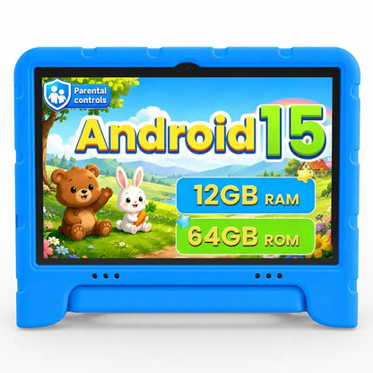 JUNINKE Kids Tablets - 10.1-In Android 15 Wireless Tablets with Protective Case, Dual Camera, 2.4G Wifi, Parental Ctrl, Built-In Li-Ion Battery, Toddlers Educational Electronic Gift Device, Wifi Touchscreen Tablet